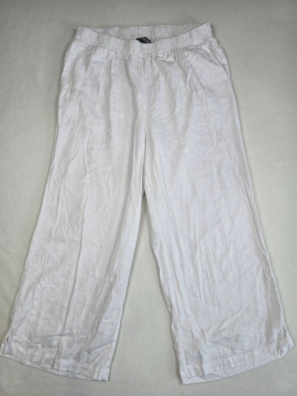 Jessica London Womens 12w White Linen Blend Wide Leg Pants Pull On Elastic
